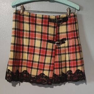 Moda International Red , Tan ,Black And White Pleated Plaid Mini Skirt